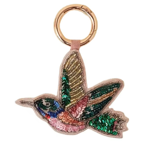 Beautiful bird design <b>pink</b> and green coloured seed beaded embroidery keychain and keyring and <b>bag</b> accessories from India - Product Image 1