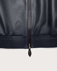 Veste Blouson Homme en Cuir Véritable Bleu Marine avec Fermeture Éclair, Ourlet Côtelé, Col Montant, Décontractée, Automne Hiver, Vêtement d'Extérieur Écologique - Product Image 3