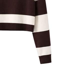 Womens Brown And White Striped <b>Cropped</b> <b>Polo</b> Sweater Long Sleeve Ribbed Hem Button Placket Casual Winter Knit <b>Top</b> Pullover Styles - Product Image 6