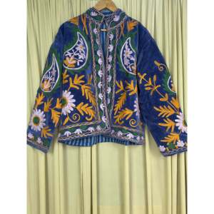 Boho Chic Retro Chic Free Size Robe Hand Embroidered Blue Floral Velvet Suzani <b>Jacket</b> Open Front Winter Coat Soft Free Size Robe - Product Image 1