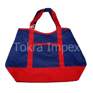 Bolsa de lona de la mejor calidad de 12 oz, Asa de algodón teñida, combinación de rojo y azul, bolsillo con mango automático, logotipo personalizado Simple, promociones - Product Image 3