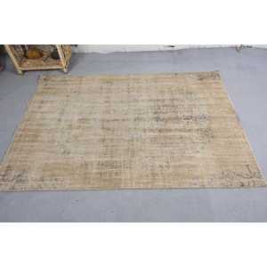 Tapis en laine turque vintage fait à la main 4x5.9 pieds Beige Style moderne Patchwork Rectangle couloir motif Latex pour le chevet des adolescents - Product Image 3