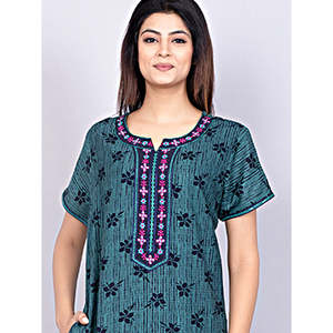 Camisón Largo Casual para Mujer Evolve, Tela Alpina, Suave, Manga Corta, Bolsillos Laterales, Cuello Bordado, Diseño Estampado - Product Image 1