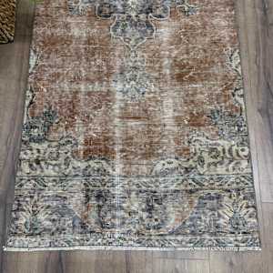 Turkish Vintage Rug 2.8x7.7 ft (85x236 cm), <b>Brown</b> Floral <b>Wool</b> Rug - Product Image 2