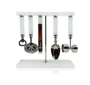 A Stainless Steel Bar <b>Tool</b> Set With Handmade Ornate Handles And <b>Hanger</b> With Stone Base - Product Image 4