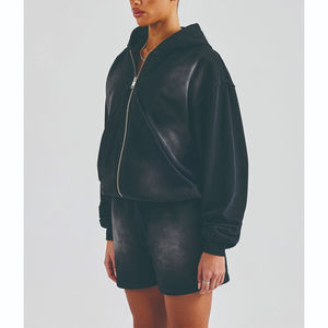 Sudadera con Capucha Personalizada, Holgada, con Cierre, Estilo Crop Top, Hombros Caídos, Borde Deshilachado, Lavada, Estilo Vintage para Mujer - Product Image 2