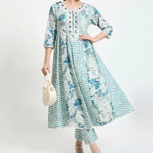 ชุด anarkali Palazzo สำหรับผู้หญิงพิมพ์ลายดอกไม้สีฟ้าและสีขาวแขน3/4สำหรับเด็กผู้หญิง - Product Image 1