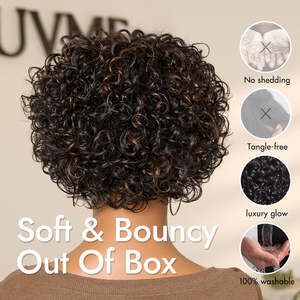 Brown & Black 100% Human Hair Wig with Bangs Short Bouncy Curls & Highlight Throw-On & Go Glueless Design US Only - Product Image 4
