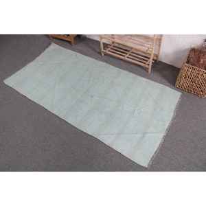 Alfombra Turca Vintage, Alfombra Decorativa de 2.8x5.7 pies (85x175 cm), Alfombra de Lana Azul Sólida - Product Image 4