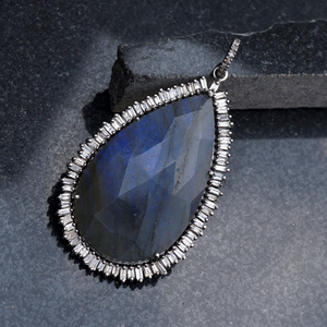 Collier chaîne en diamant baguette naturel, pendentif en pierre précieuse labradorite en forme de poire, bijoux fins, vente en gros, argent 925 oxydé - Product Image 6