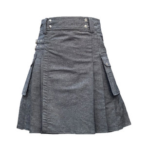 Kilt utilitaire en denim gris pour homme, style écossais, devant uni, poches cargo, kilt en gros 2026 - Product Image 2