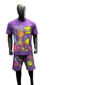 Vintage lavé à l'acide deux pièces ensemble hommes Streetwear sérigraphié Shorts t-shirts Patch surdimensionné T-Shirt bord brut Shorts grande taille - Product Image 1