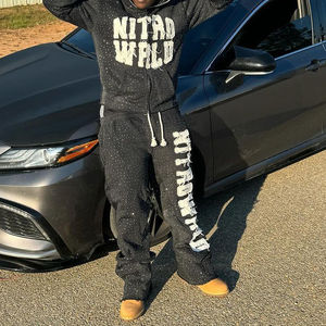 Rhinestone ácido lavado Zip Up Sudadera con capucha y Joggers Distressed Black Zip Up Conjunto completo Sudadera con capucha y Joggers Conjunto de pantalones de chándal - Product Image 5