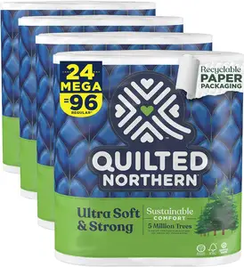 गुणवत्तापूर्ण थोक अल्ट्रा सॉफ्ट और स्ट्रॉन्ग टॉयलेट पेपर खरीदें, 24 मेगा रोल = 96 रेगुलर रोल, 5X मजबूत