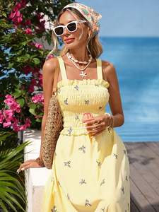 Robe longue élégante pour femme, manches courtes, 100% coton, taille naturelle, broderie simple, décontractée, pour l'extérieur, tissée, lavable, avec poches - Product Image 4