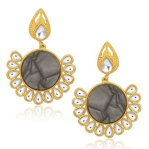 Kriaa Fine Hoop Earrings Grey <b>Resin</b> <b>Stone</b> Kundan Dangler 1305412 - Product Image 1