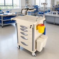 Chariot médical en aluminium avec 5 tiroirs verrouillables, séparateurs, garde-corps en acier inoxydable, support pour poteau IV, étagère pour défibrillateur et roues silencieuses. Utilisation en unité de soins intensifs/d'urgence hospitalière