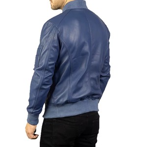 Blouson aviateur en cuir bleu pour homme, en cuir d'agneau véritable, style varsity, style aviateur, coupe ajustée côtelée, fermeture éclair rétro, décontracté, streetwear - Product Image 2