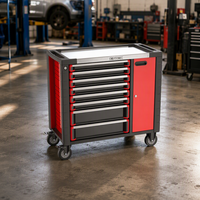 Chariot d'atelier KINBOX 01RH3M8 à 8 tiroirs en acier, avec plan de travail en acier inoxydable et armoire latérale, noir et rouge