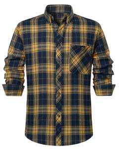 Chemise en flanelle à carreaux bleu marine et jaune moutarde pour homme, manches longues, boutonnée, décontractée, hiver, coupe ajustée, fabrication OEM. - Product Image 1