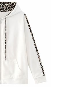 <b>White</b> Zip Up <b>Hoodie</b> And Black Jogger Pants Set Women Leopard Trim Fleece Tracksuit Casual Streetwear Outfit - Product Image 2