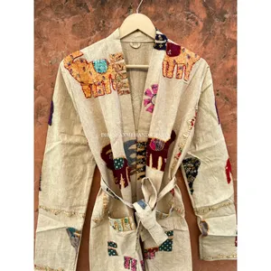 도매 코튼 짧은 동물 패치 인쇄 짧은 목욕 가운 민족 Kantha 손 짠 여성 코트 겨울 자켓 수제