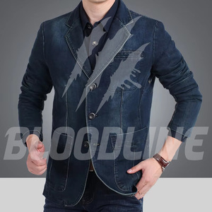 Blazer en jean pour homme BLOODLINE INTERNATIONAL, mélange coton/élasthanne, manches longues, col boutonné, lavé, couleur unie, hiver - Product Image 1