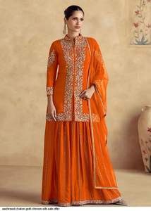 Conjunto de traje Palazzo de seda Chinon de secuencia de estera de 3mm bordado con estampado Digital de la colección paquistaní india, ropa de diseñador elegante - Product Image 2