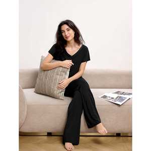 Ensemble de pyjama personnalisé haut de gamme pour la maison, en tissu tricoté en bambou premium, motif géométrique et dessin animé, taille élastique avec nœud, pour vêtements d'intérieur - Product Image 2