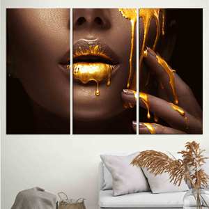 Arte en lienzo personalizado con estampado de mujer africana con labios dorados para decoración del hogar, JUEGO DE 3 LIENZOS - Product Image 1
