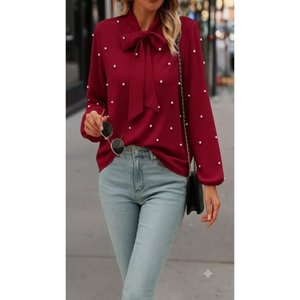 Women'<b>s</b> Long-Sleeved Imported Crepe <b>Blouse</b> with Bow Detail <b>and</b> Pearl Embellishments, 37312 - Red - Product Image 2