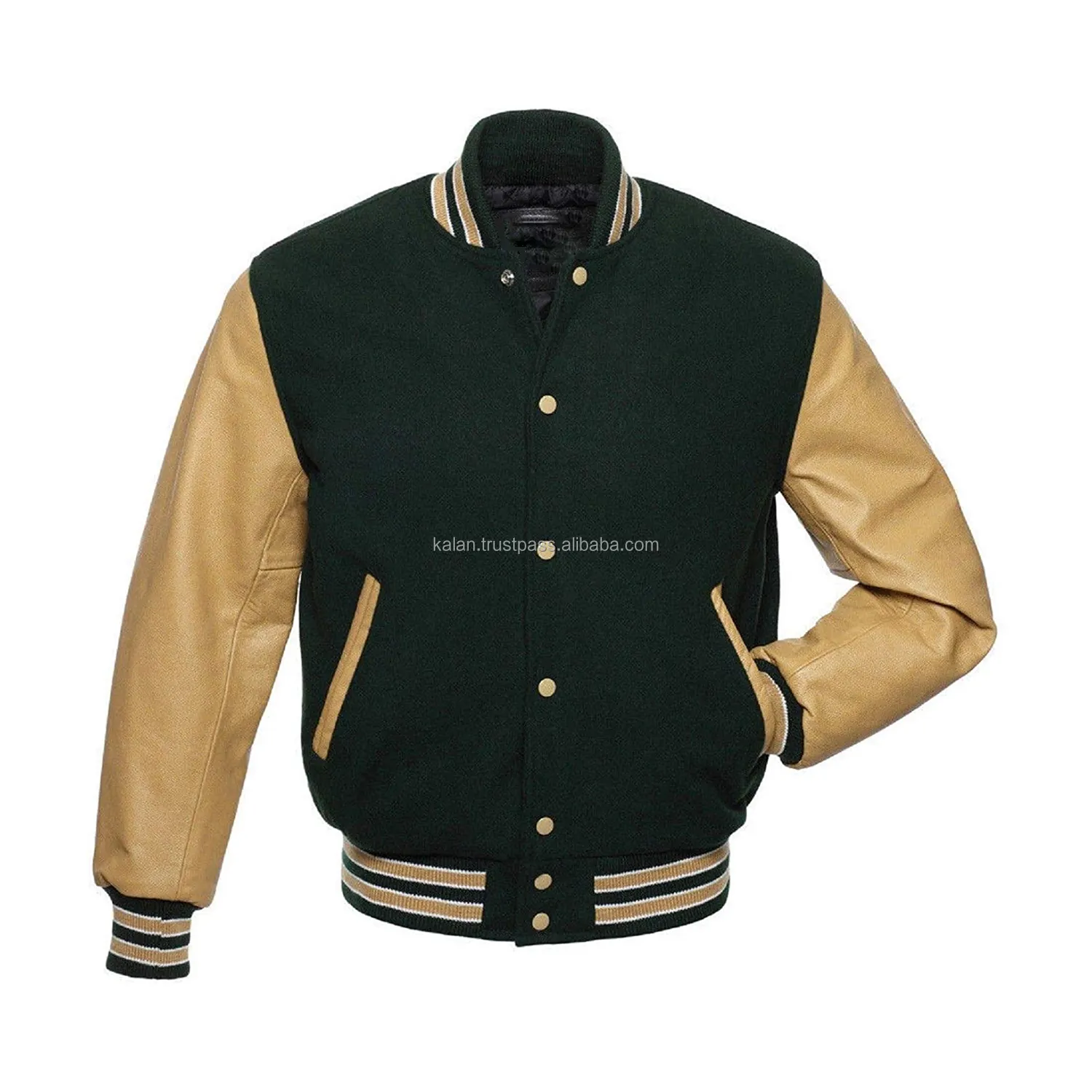 Varsity Winter Custom Heated Coats and Warm Clothing Army Green Color Golden Sleeves Casual Organic Wool Body Jacket