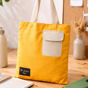 Mustard Pocket Cotton <b>Canvas</b> Tote Bag with Zipper Closure Shoulder Handle Yellow Unique Pattern Top Selling Promotional Bags - Product Image 2