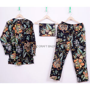 Conjuntos de pijama de algodón 100% para mujer, cintura elástica frontal, práctico patrón Floral, ligero, transpirable, suave y suave - Product Image 4