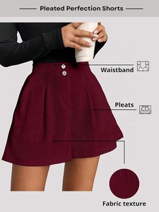 Jupe-short en velours côtelé taille mi-haute pour femme, couleur unie, boutonnée sur le devant, style décontracté, coupe régulière, tissu tricoté 100% coton, motif floral, fourrure - Product Image 6