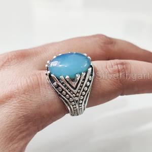 Anillo de Plata de Ley 925 con Calcedonia Azul Natural para Hombre, Todas las Tallas, Regalo de Boda Árabe, Joyería para San Valentín - Product Image 3