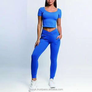 Pantalon de yoga en forme de V pour femmes de qualité supérieure Leggings personnalisés en tissu tricoté solide à taille haute avec deux poches latérales - Product Image 6