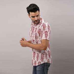 100% Cotton Casual Red <b>Shirt</b> for Men Ethnic Floral Motifs <b>Button</b>-Up Collar Breathable Poplin Linen Fabric Size 6XL Denim Woven - Product Image 3