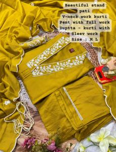 Muselina viscosa de diseñador y romana con trabajo manual Kurti Pant y Dupatta Fabricante de India a la tarifa más baja - Product Image 4