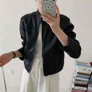 Automne femmes décontracté court Faux cuir Pu veste à manches longues motard col montant manteau respirant toile solide uni teint - Product Image 2