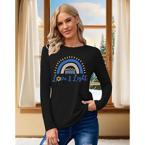 Camiseta de Manga Larga Estampada para Mujer, Tejido Suave de Algodón Mercerizado, Diseño Sólido, Transpirable, Cómoda, Informal y a la Moda - Product Image 2