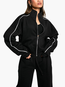 Chándal de lana de encaje bordado con cremallera completa de algodón 100% para mujer, Conjunto de jogging negro sólido con hombros caídos de gran tamaño para invierno - Product Image 4