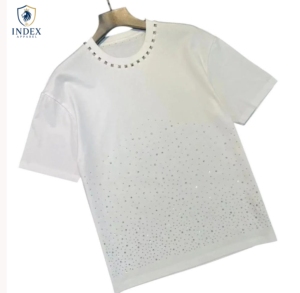 T-shirt à manches courtes pour homme Index Apparel, blanc, orné de strass, coupe classique, col rond, jersey décontracté - Product Image 1