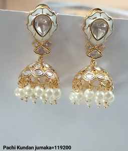 Pendientes jumkha de perlas colgantes y Kundan tradicionales y de moda chapados en oro indio para mujeres y niñas, conjunto de joyería - Product Image 3