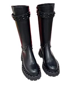 Bottes de combat mi-mollet à plateforme épaisse pour femme, hauteur genou, à talon haut, bout rond, avec fermeture éclair, style punk gothique clouté, Valentinoing - Product Image 4