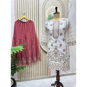 Compra conjuntos de traje Sharara tradicional de seda para mujer con pantalones plisados y tops embellecidos-Fiesta Invierno Verano Ocasiones - Product Image 6