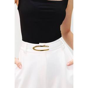 Long, thin white women's <b>belt</b> with <b>gold</b> buckle, suitable <b>for</b> jackets, shirts, and <b>dresses</b>. - White-<b>Gold</b> - Product Image 4