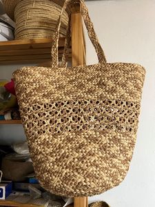 <b>Straw</b> Woven Bohemian Tote <b>Bag</b> Striped Pattern Two Handles Shoulder Strap Open Top Casual Women's Handbag Cotton Lining Daily Use - Product Image 1