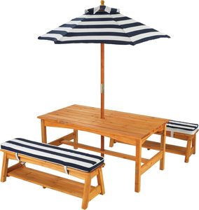 Ensembles de tables et bancs en bois d'extérieur en gros avec coussins et parasols – Mobilier de jardin pour enfants - Product Image 1