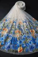 Kain Tulle Bordir Bunga Liar Ivory, Kain Brokat Bunga untuk Anak Perempuan, Biru Oranye, Motif Botani, Barang Ready Stock